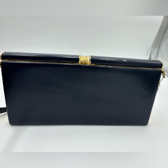 VINTAGE Hardshell Gold Clasp Navy Crossbody Pocketbook Bag - Picture 10 of 11